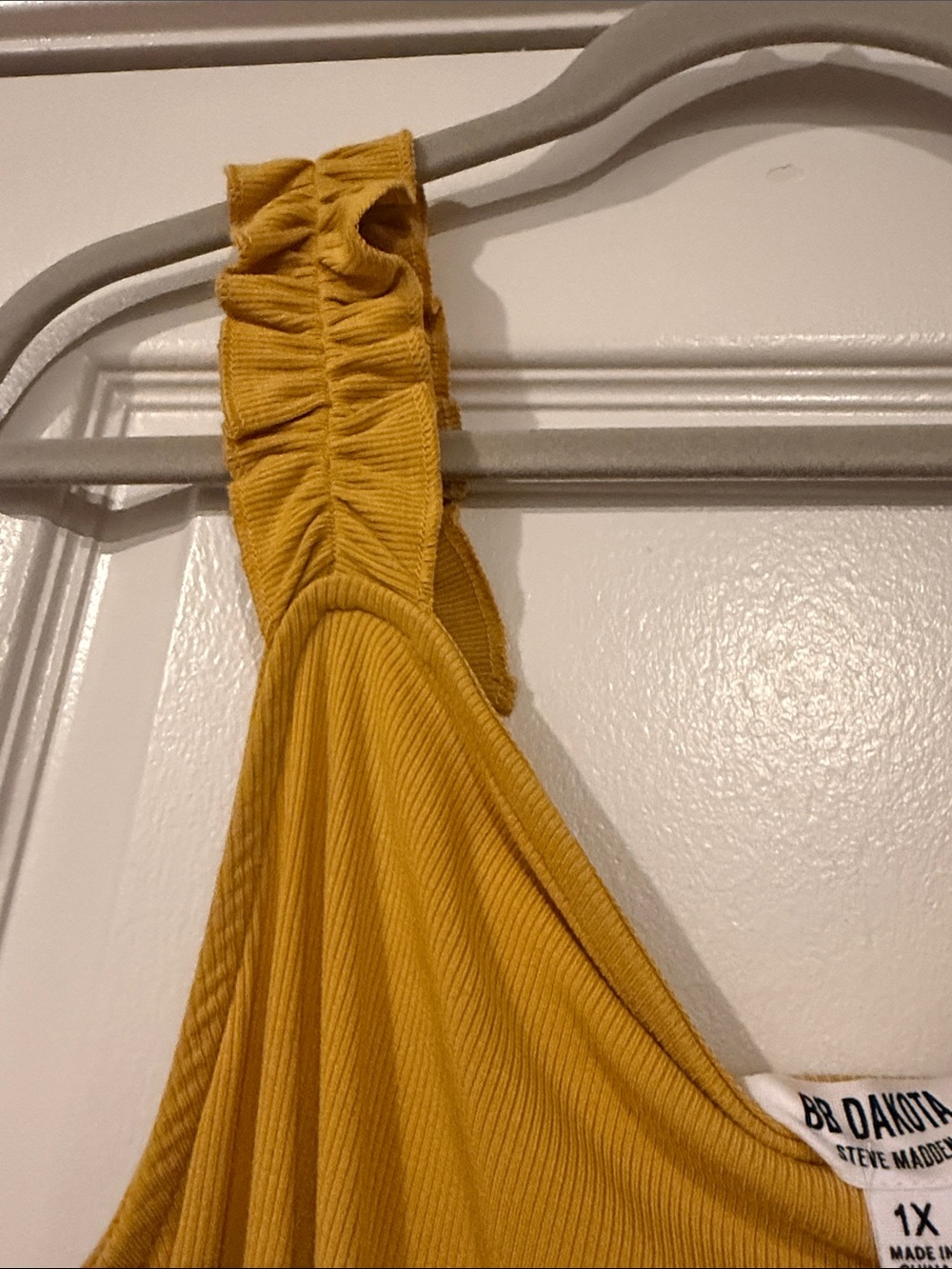 BB Dakota by Steve Madden Mustard Ruffle-Shoulder Bodysuit - Picture 3 of 5